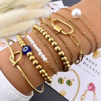 Layered Gold Beaded Bracelet Set with Adjustable Chains
