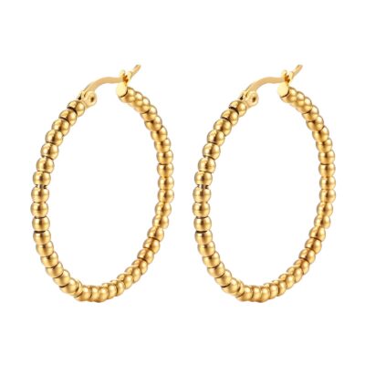 Pair of gold beaded hoop earrings with polished finish