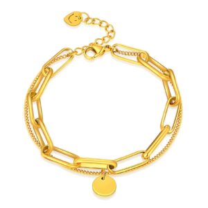 Gold layered chain bracelet with disc charm and adjustable extender clasp