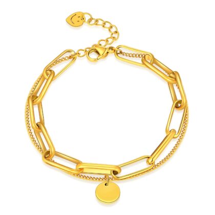 Gold layered chain bracelet with disc charm and adjustable extender clasp