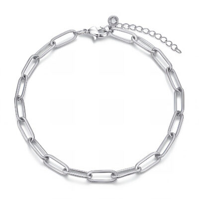 Silver paperclip chain bracelet with adjustable extender and small crystal charm