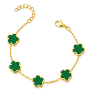 Gold bracelet with multiple green enamel clover charms and adjustable extender