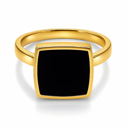 Gold square signet ring with black inlay and polished band
