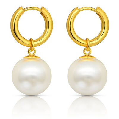 Gold hoop earrings with single round pearl drops