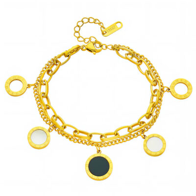 Gold layered chain bracelet with black and white Roman numeral disc charms