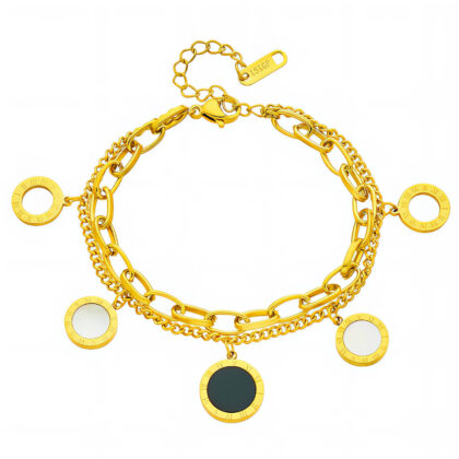 Gold layered chain bracelet with black and white Roman numeral disc charms