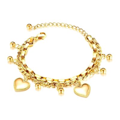 Gold layered bracelet with heart charms and small bead drops with adjustable extender