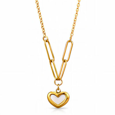 Gold paperclip chain necklace with white heart pendant
