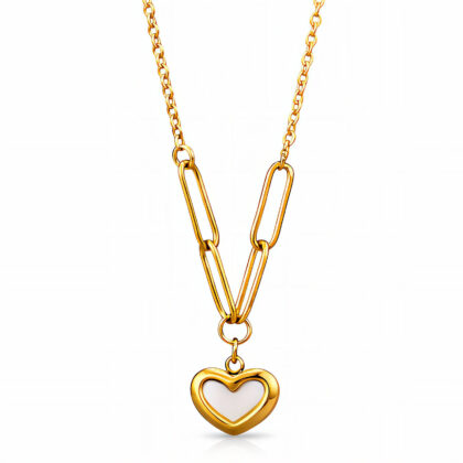 Gold paperclip chain necklace with white heart pendant