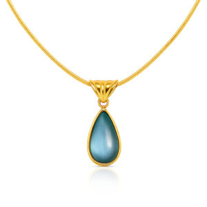Gold teardrop pendant necklace with smooth blue stone on fine chain
