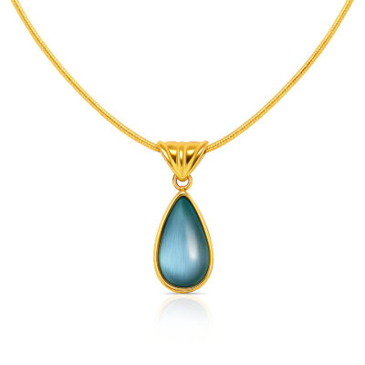 Gold teardrop pendant necklace with smooth blue stone on fine chain