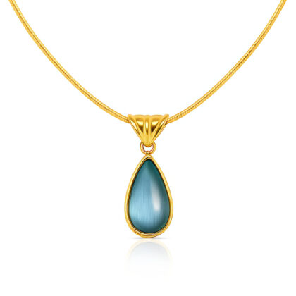 Gold teardrop pendant necklace with smooth blue stone on fine chain
