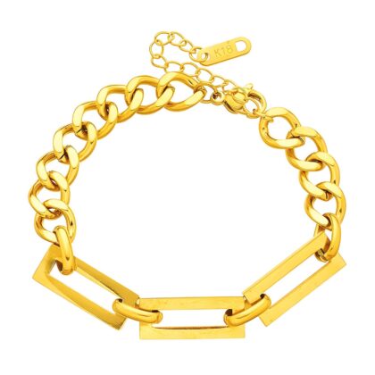 Gold mixed-link chain bracelet with rectangular accents and adjustable extender