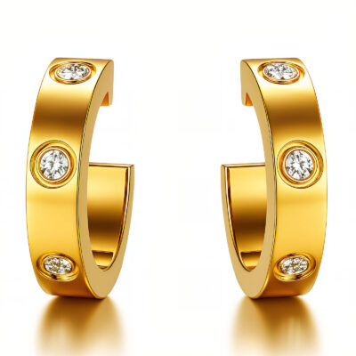 Gold huggie hoop earrings with bezel-set clear crystal accents