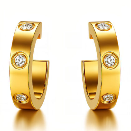 Gold huggie hoop earrings with bezel-set clear crystal accents