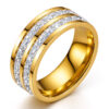Gold wide band ring with three rows of square-cut clear crystals