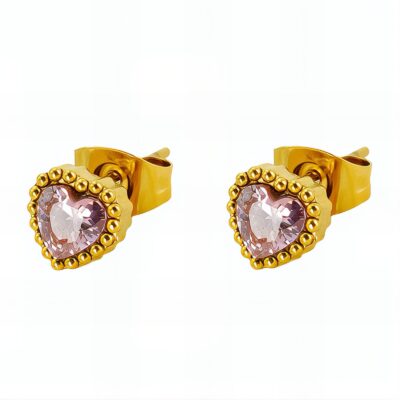Gold heart stud earrings with pink crystal centre and beaded border