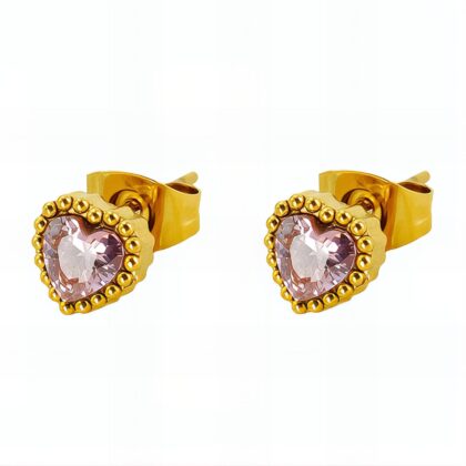 Gold heart stud earrings with pink crystal centre and beaded border