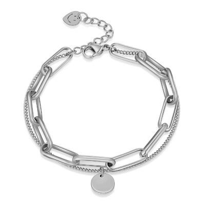 Silver layered chain bracelet with disc charm and adjustable extender