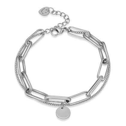 Silver layered chain bracelet with disc charm and adjustable extender