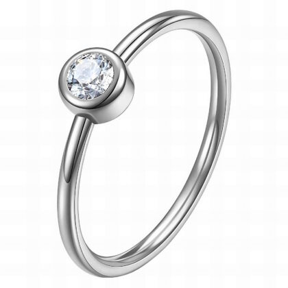 Silver solitaire ring with bezel-set clear crystal on slim polished band