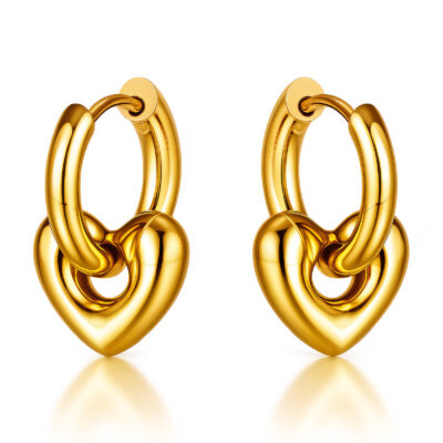 Gold hoop earrings with chunky polished heart charms