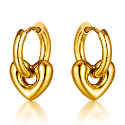 Gold hoop earrings with chunky polished heart charms