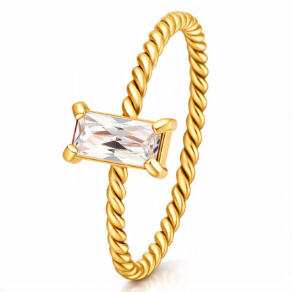 Gold twisted band ring with horizontal rectangular baguette-cut clear crystal