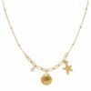 Gold paperclip charm necklace with shell, starfish and small crystal charm