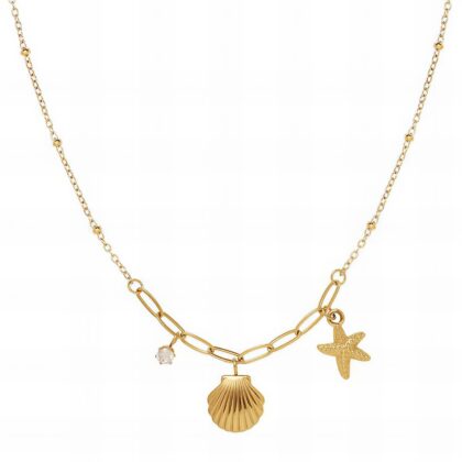 Gold paperclip charm necklace with shell, starfish and small crystal charm