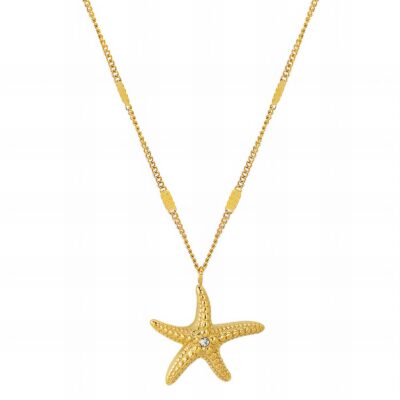 Gold necklace with textured starfish pendant and single central crystal