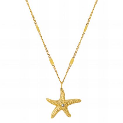 Gold necklace with textured starfish pendant and single central crystal