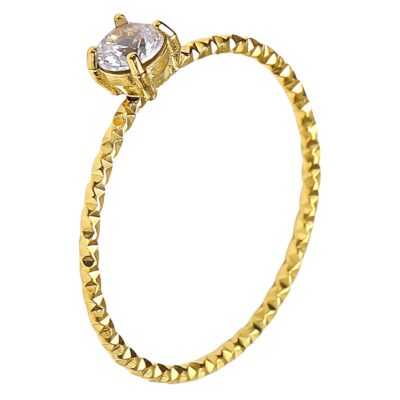 Gold textured band ring with round claw-set clear crystal solitaire