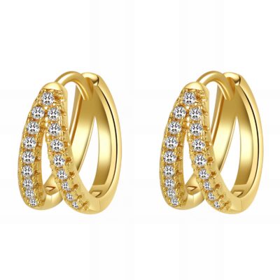 Gold double hoop earrings with pave-set clear crystals on outer hoop