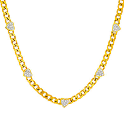 Gold curb chain necklace with multiple small crystal-set heart accents