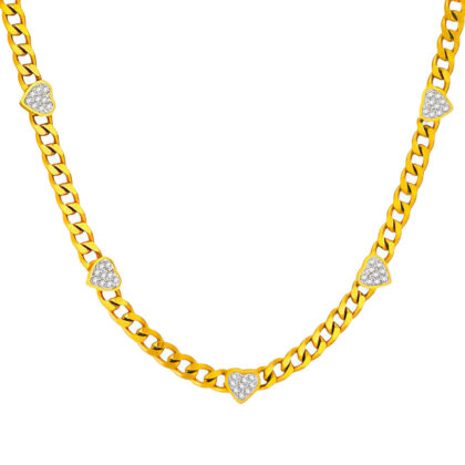 Gold curb chain necklace with multiple small crystal-set heart accents