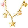 Gold charm necklace with starfish, turtle, shells and pink starfish accents Pendant Size: 2 x 2 cm.