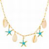 Gold paperclip chain necklace with cream shells and turquoise-blue starfish charms