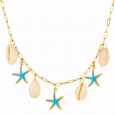 Gold paperclip chain necklace with cream shells and turquoise-blue starfish charms