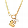 Gold herringbone chain necklace with heart charm, pearl bead and framed crystal drop