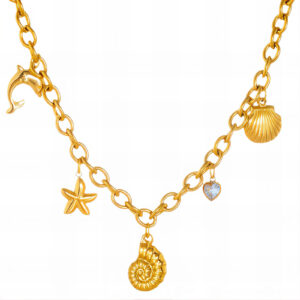 Gold chain necklace with dolphin, starfish, shell, spiral shell and small heart charms