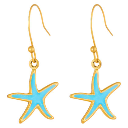 Gold hook earrings with turquoise enamel starfish charms
