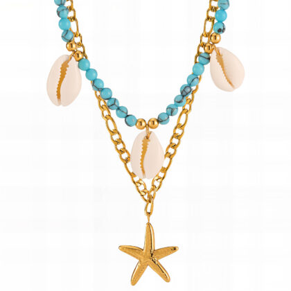 Layered gold necklace with turquoise beads, shells, and gold starfish pendant