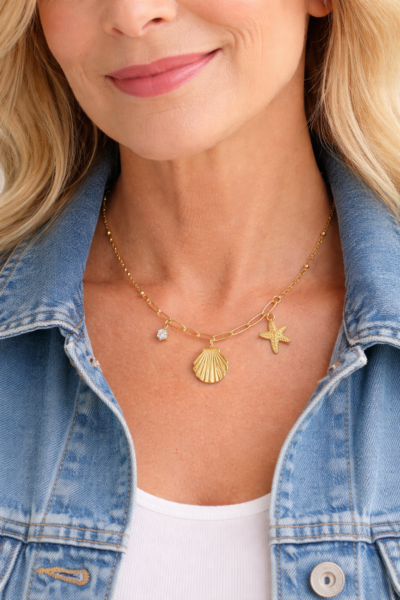 Gold Paperclip Charm Necklace with Shell & Starfish,  Coastal Chic
