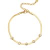 Gold herringbone bracelet with small bezel-set crystals and adjustable clasp on white background
