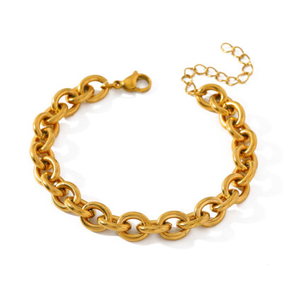 Gold stainless steel statement chain bracelet, bold rounded links, 18 cm + 5 cm extension