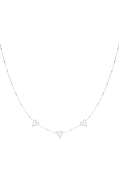 silver hearts Short silver stainless steel necklace 38 + 5 cm on white background minimalist jewelry