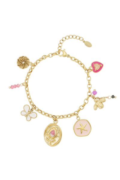Gold charm bracelet with flower, bee and butterfly charms and pink details