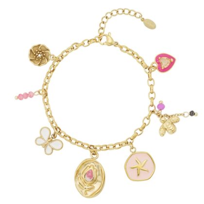 Gold charm bracelet with flower, bee and butterfly charms and pink details