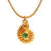 A one-of-a-kind gold-tone necklace with two charms: a shell and a green glass stone. Designed by the webshop owner and available as a single piece only.